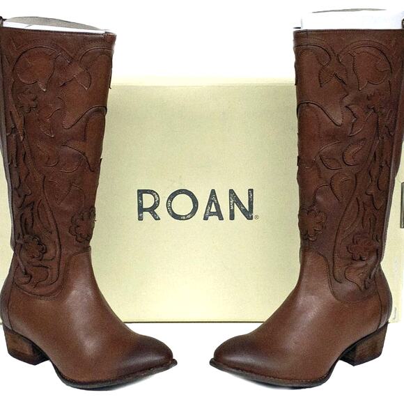 Roan Ellia Tan Brown Floral Top Stiched Tall Leather Western Cowboy Boots 7.5 - Picture 1 of 10